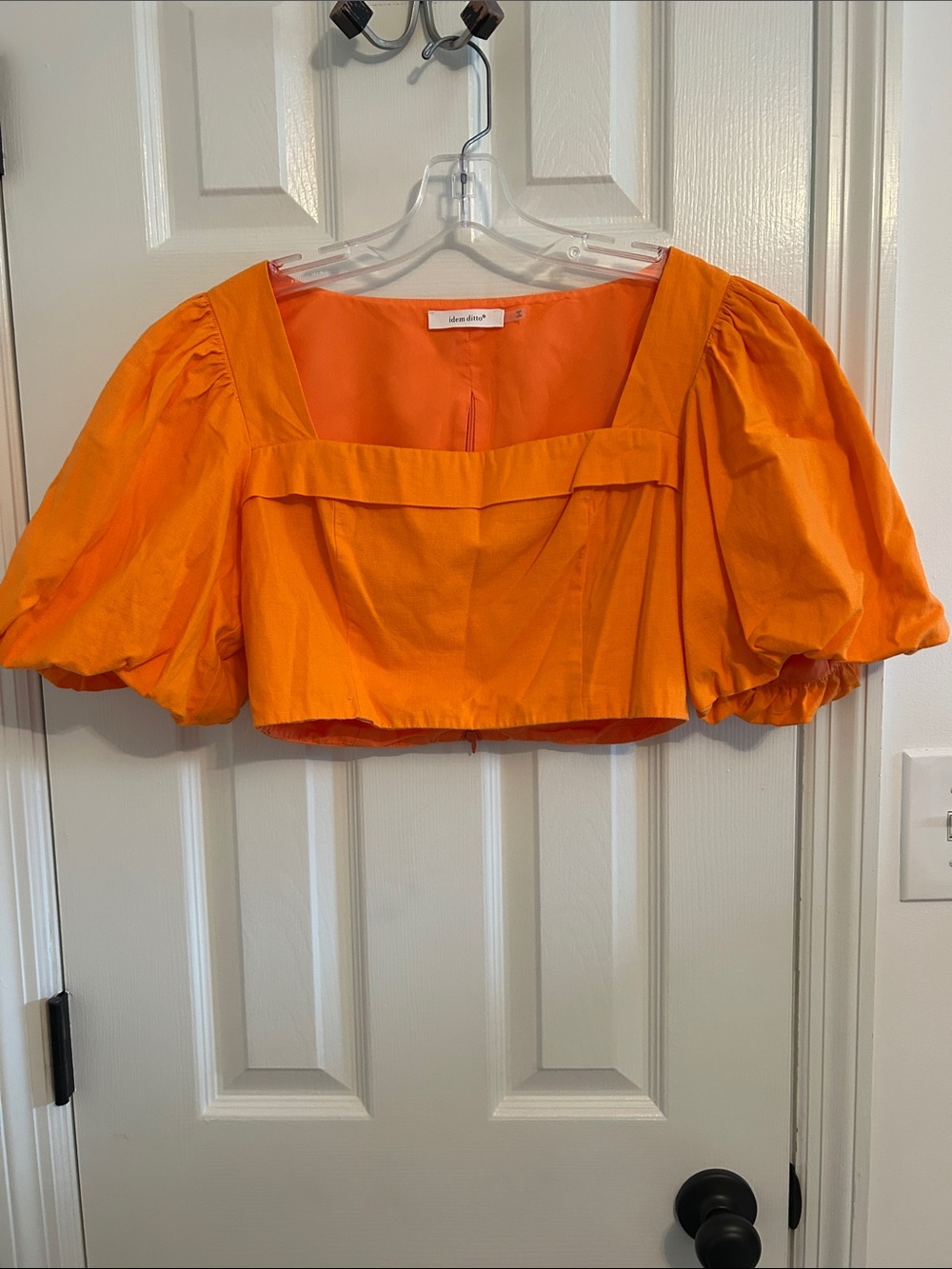 Square Neck Puff-Sleeve Crop Top in Orange by Idem Ditto